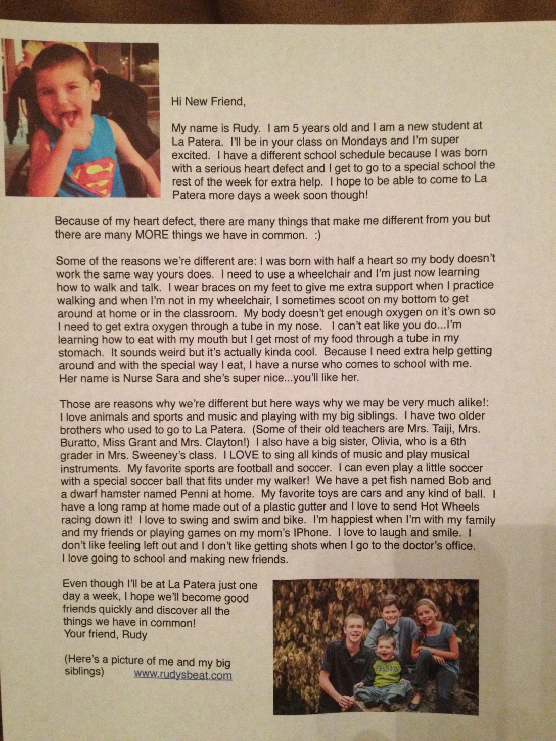 ...a letter introducing Rudy to his class.