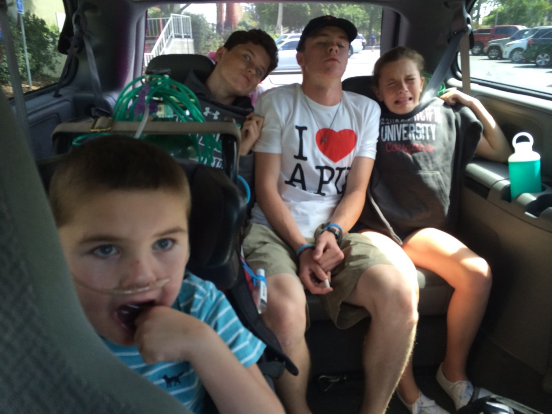 One last big sib squeeze in the van's spacious back seat!