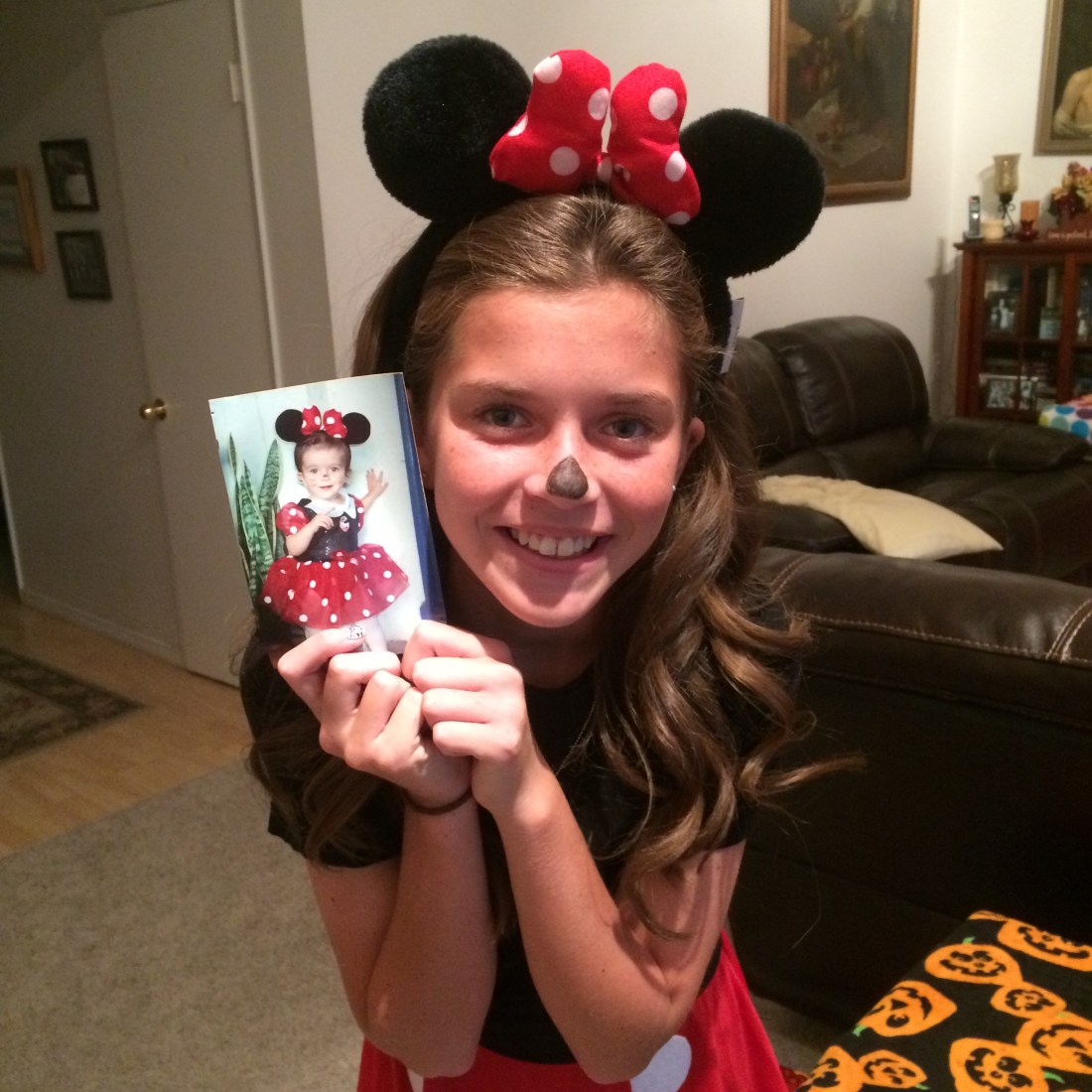 Olivia recycled parts of her Minnie Mouse costume from 11 years earlier!! Cutest. mouse. EVER!
